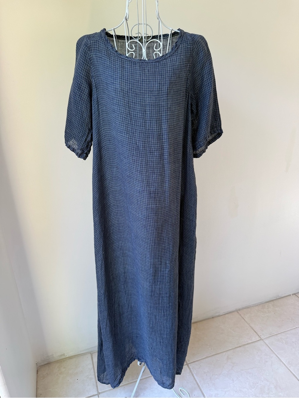 CP Shades Blue Plaid Linen Maxi Dress Small Made USA Cottagecore Boho